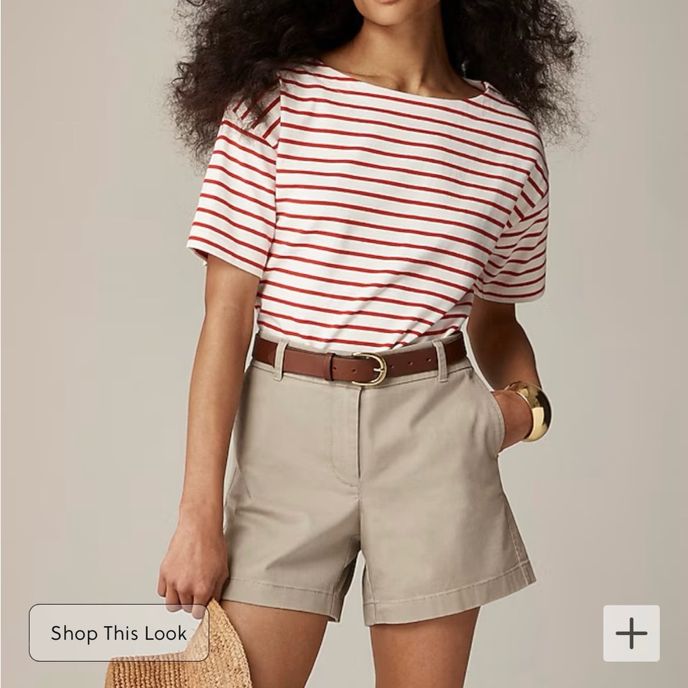 J. Crew Red-Striped White Tee with Khaki Shorts